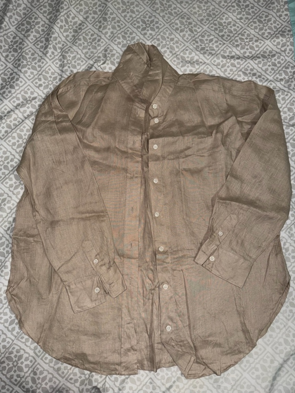Zara Lightweight Button-Up Shirt in Beige 100% Linen